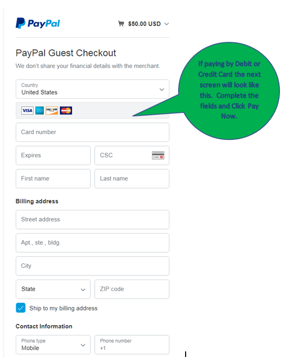 3 screen image of filling out Paypal as a Guest using debit or credit. 